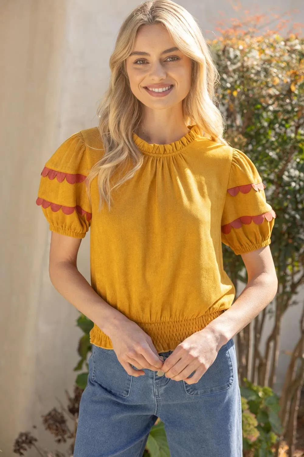 Mustard Scalloped and Smocked Suede Ruffle Top