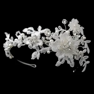 Pearls & Swarovski Crystal Embroidered Fabric Flower Side Accented Headband