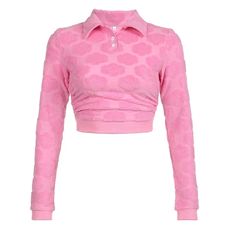 Pink Hotsweet Slim Autumn T-shirts Female Korean Coquette Clothes Tie Up Crop Tops Flowers Shape Backless Pullovers