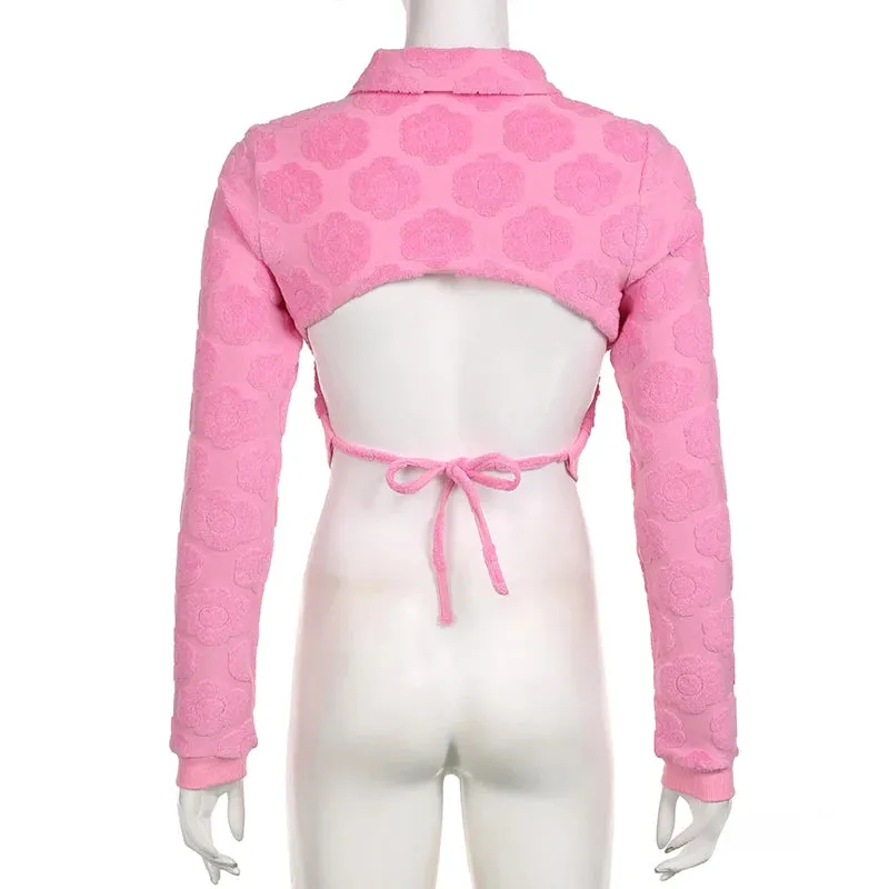 Pink Hotsweet Slim Autumn T-shirts Female Korean Coquette Clothes Tie Up Crop Tops Flowers Shape Backless Pullovers