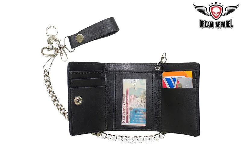 Plain Black Biker Tri-Fold Chain Wallet