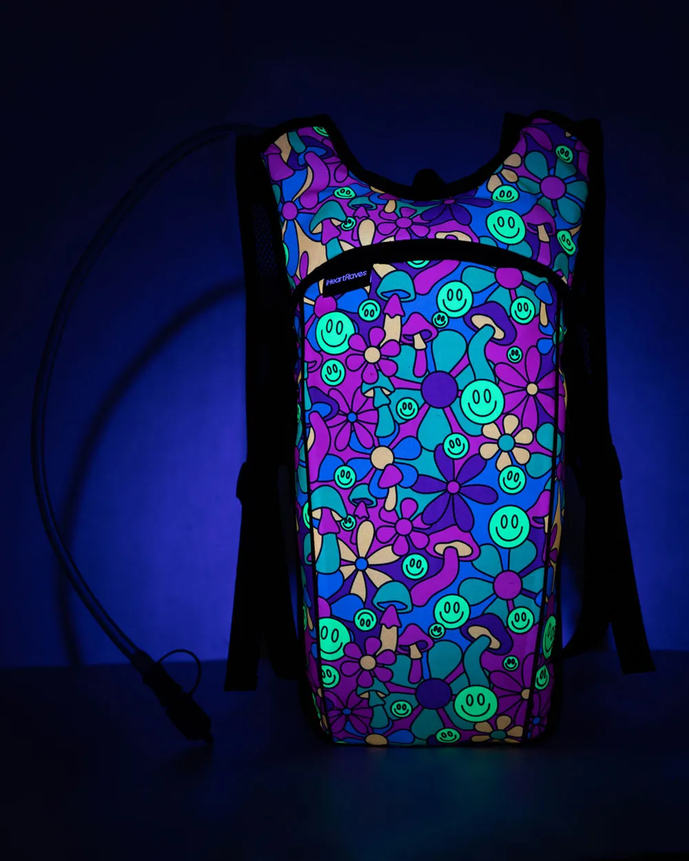 Psychedelic Smiley UV Reactive Hydration Pack with Back Pocket for Anti-Theft