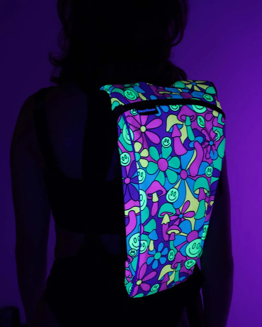 Psychedelic Smiley UV Reactive Hydration Pack with Back Pocket for Anti-Theft