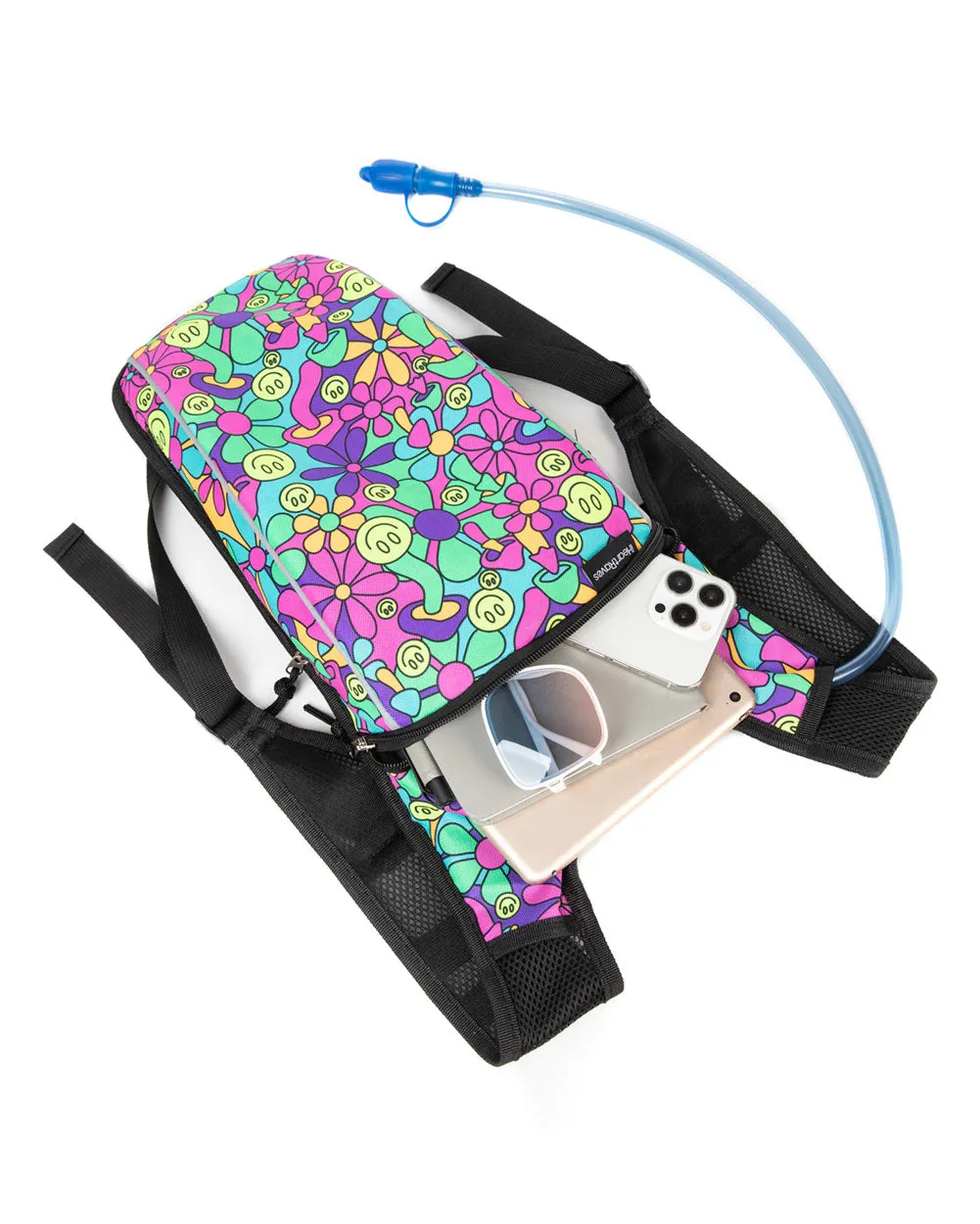 Psychedelic Smiley UV Reactive Hydration Pack with Back Pocket for Anti-Theft