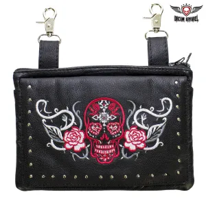 Red & White Sugar Skull Naked Cowhide Leather Gun Holster Belt Bag with Studs