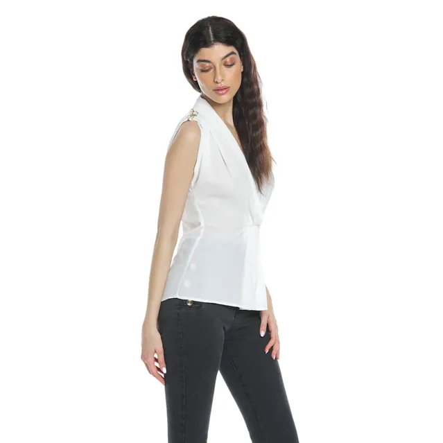 Relish Blusa RUWAYD mezza manica aletta scollo incrocio con pieghe più applicazioni spalle RDP2403009025 latte