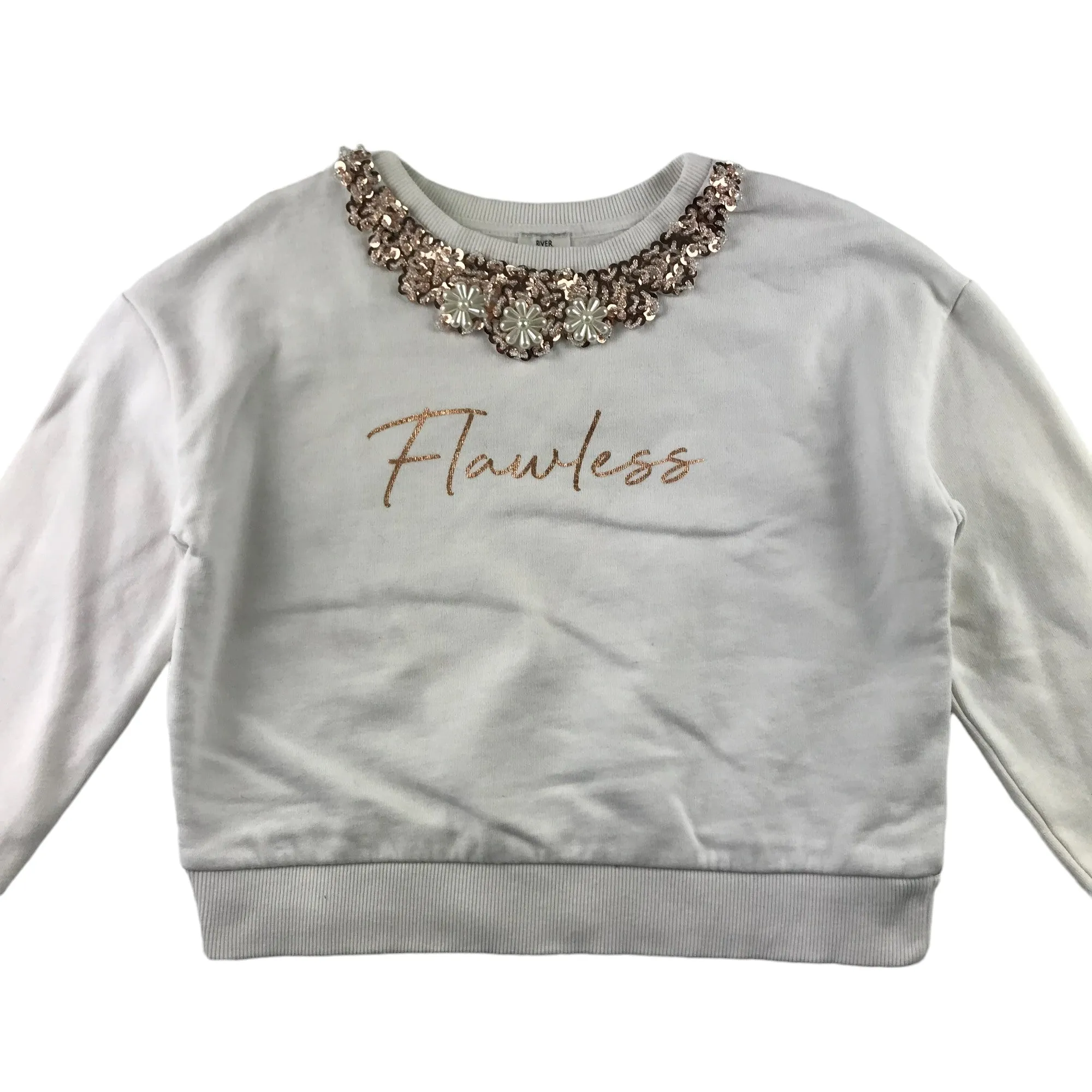 River Island sweater 7-8 years white cropped with sequin floral neck piece