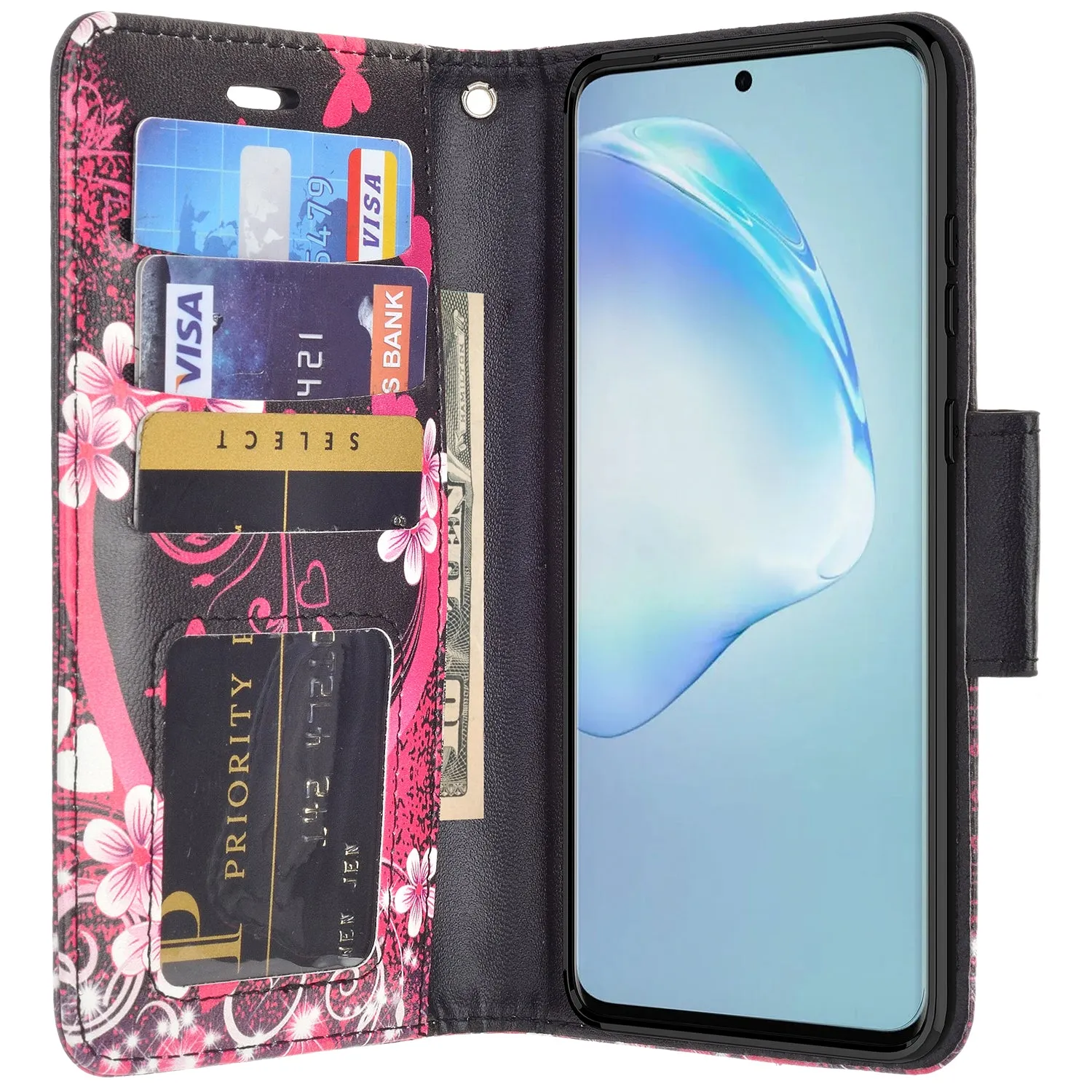 Samsung Galaxy S20  Case, Samsung Galaxy S20 Plus Wallet Case, Wrist Strap Pu Leather Wallet Case [Kickstand] with ID & Credit Card Slots - Heart Butterflies