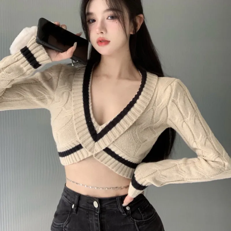 Sexy Women Sweater Pullover V Neck Fashion Knitted Tops Long Sleeve Spring Korean Slim Chic Designed Cropped Sweater