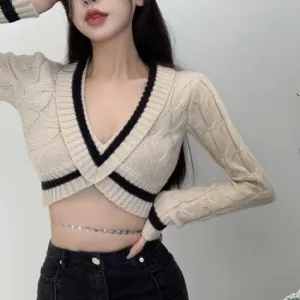 Sexy Women Sweater Pullover V Neck Fashion Knitted Tops Long Sleeve Spring Korean Slim Chic Designed Cropped Sweater