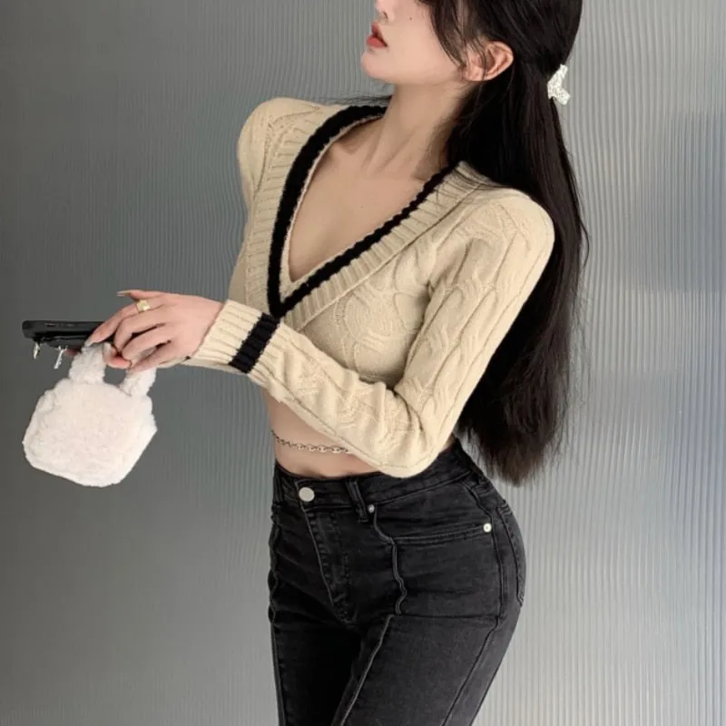 Sexy Women Sweater Pullover V Neck Fashion Knitted Tops Long Sleeve Spring Korean Slim Chic Designed Cropped Sweater