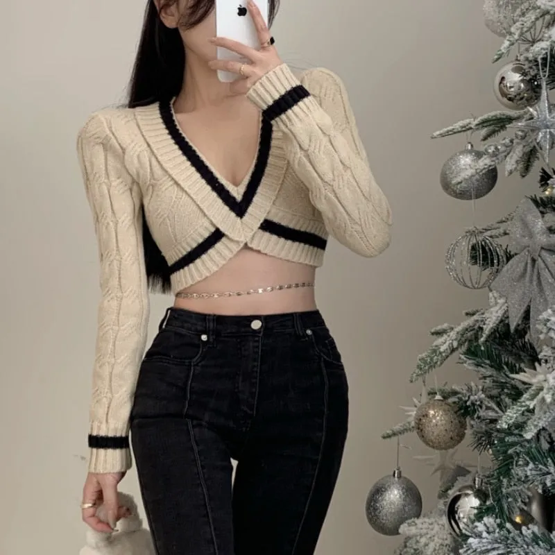 Sexy Women Sweater Pullover V Neck Fashion Knitted Tops Long Sleeve Spring Korean Slim Chic Designed Cropped Sweater