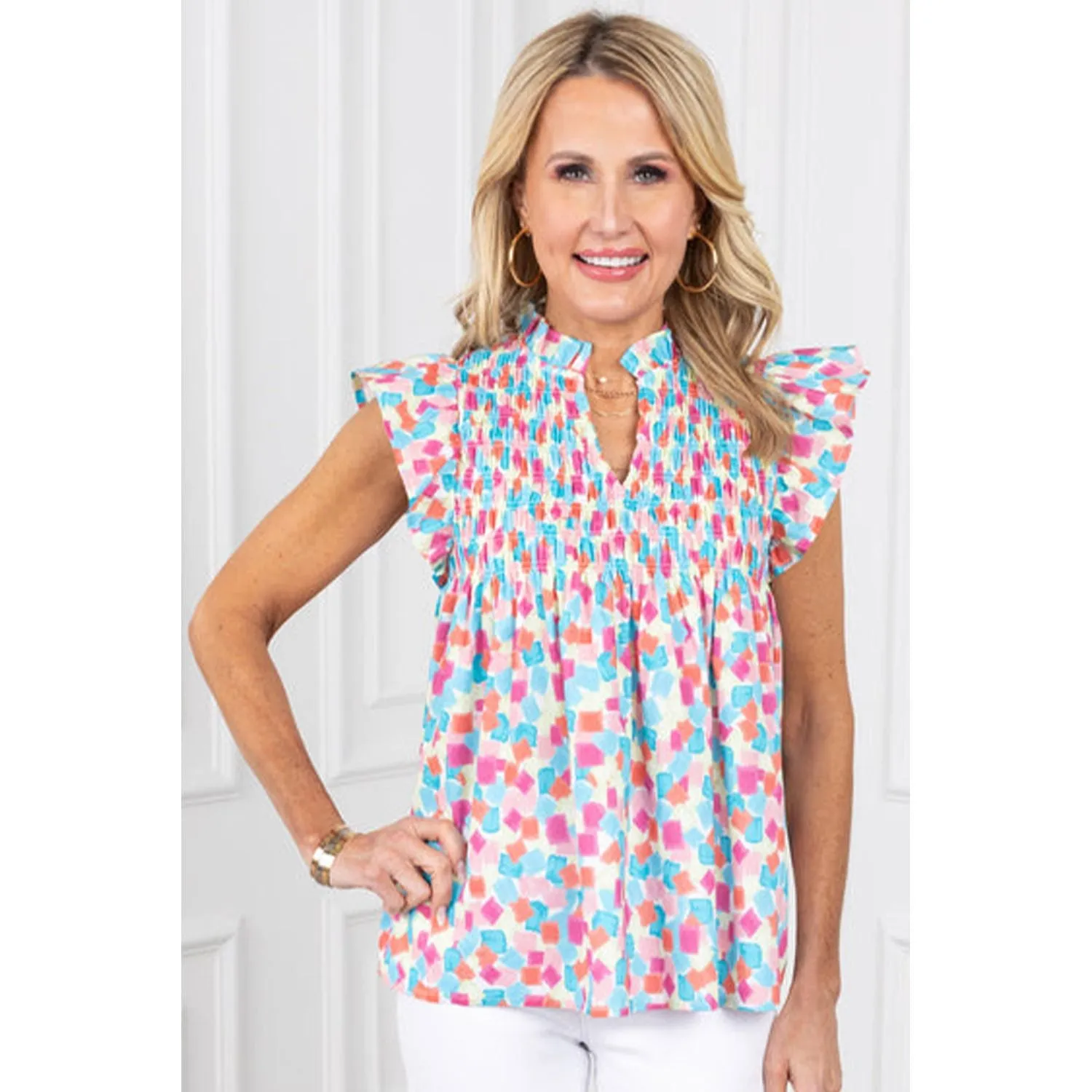 Skies Are Blue Ruffled Abstract Printed Blouse