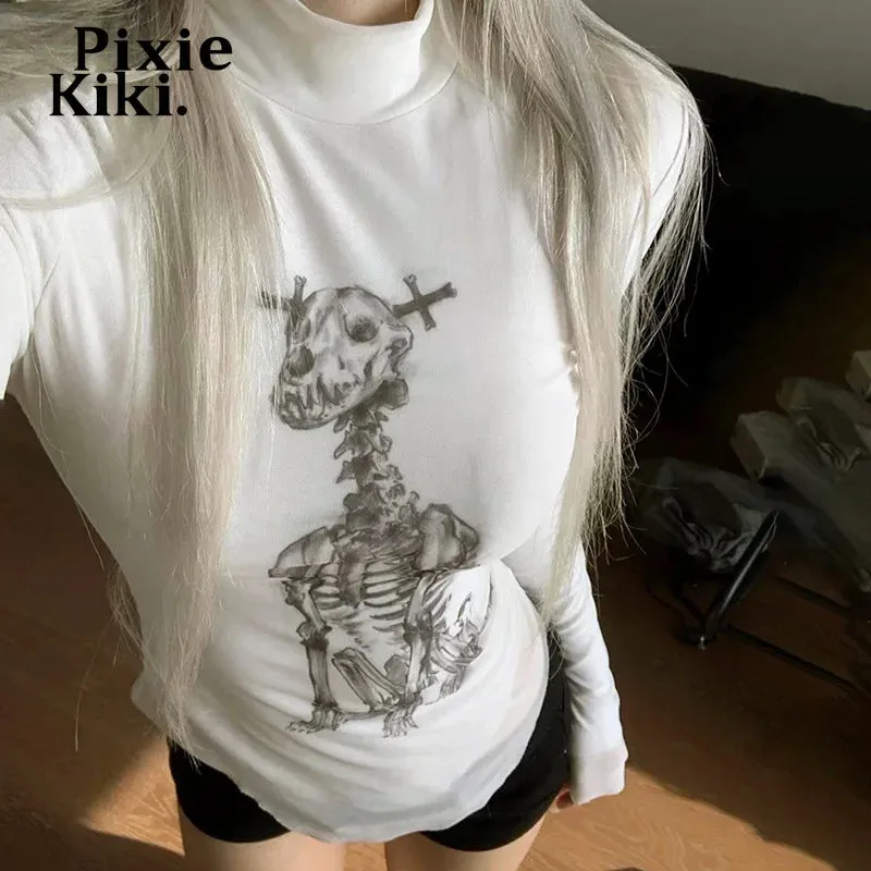 Skull Print Mesh Splicing Sheer Long Sleeve Top Y2k Shirts Goth Emo 2000s Clothes Graphic Tees White P85-BZ11