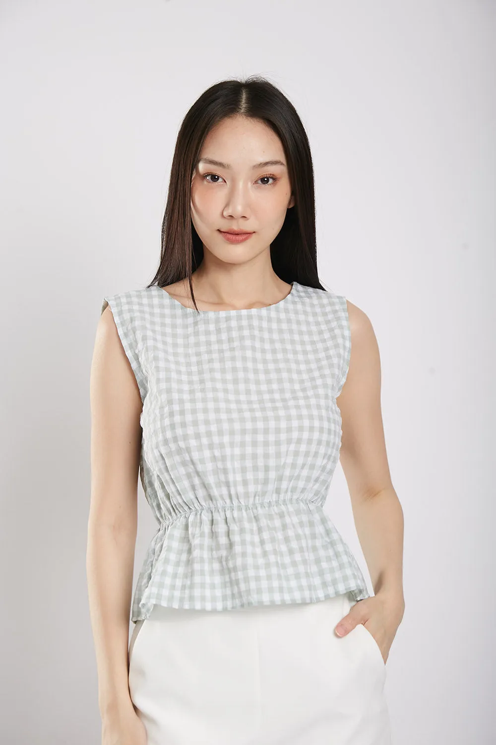 Sleeveless Gingham Cotton Top in Sage