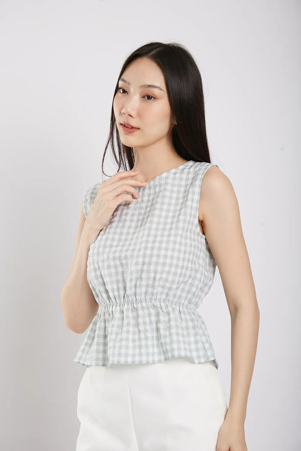 Sleeveless Gingham Cotton Top in Sage