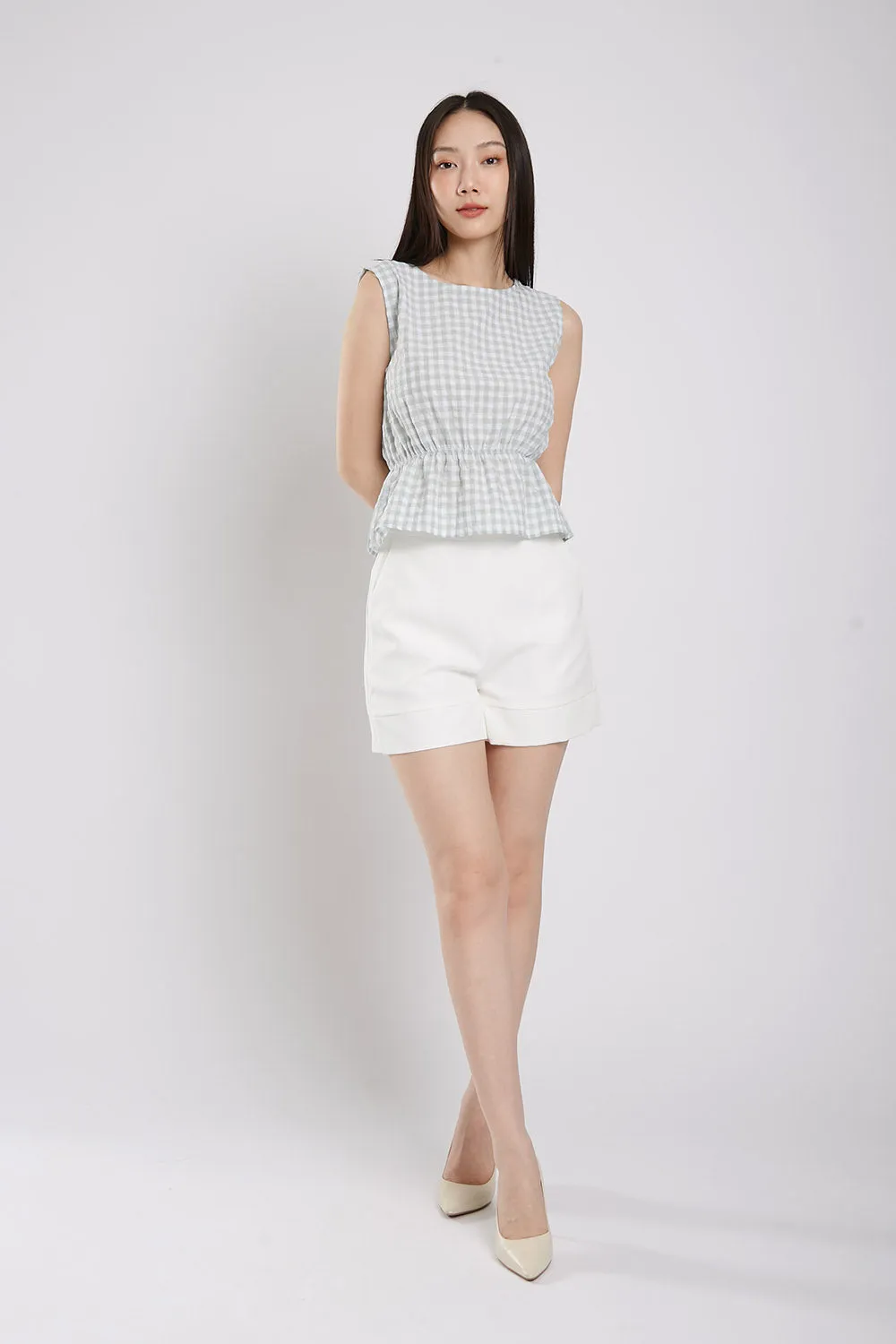 Sleeveless Gingham Cotton Top in Sage