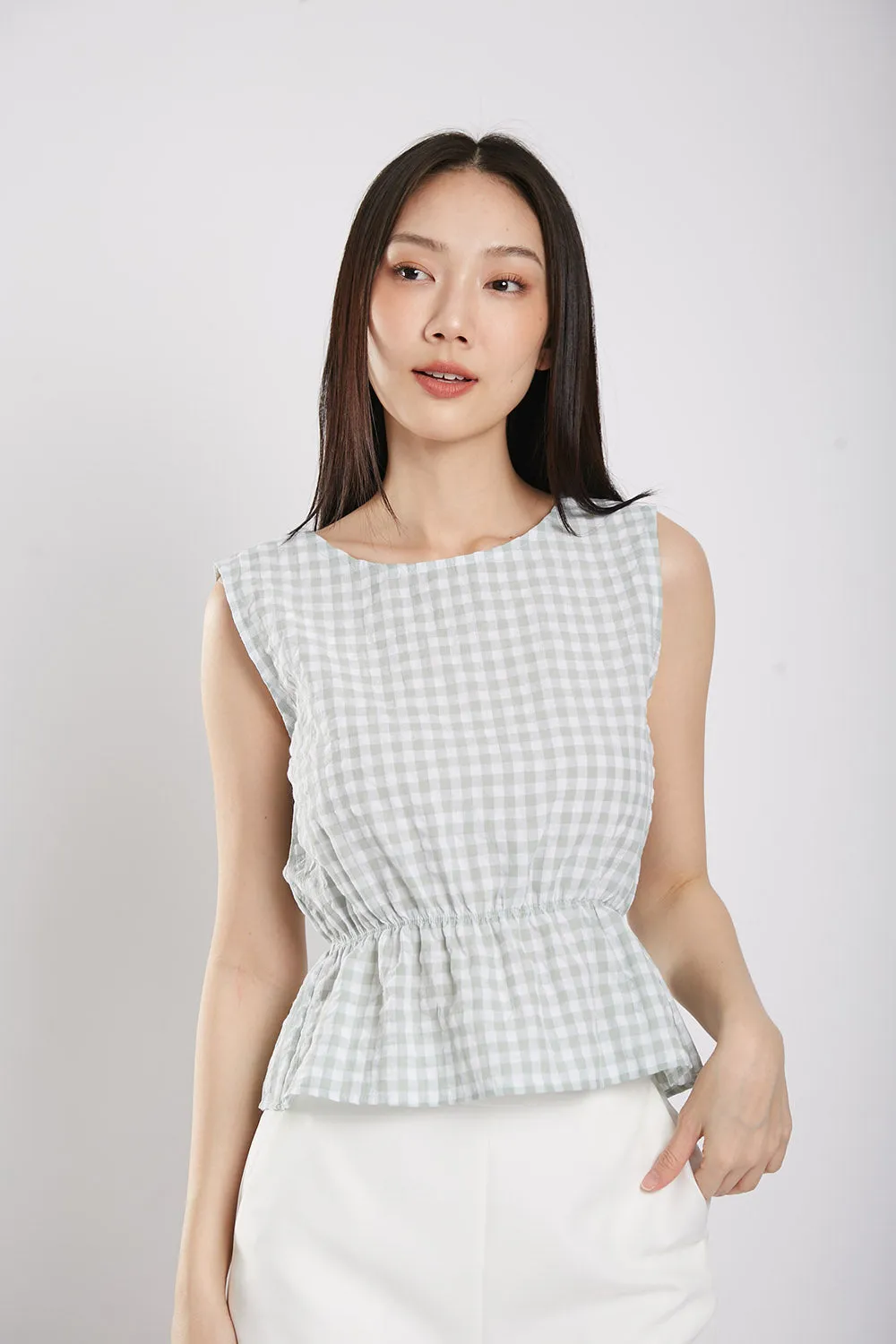 Sleeveless Gingham Cotton Top in Sage