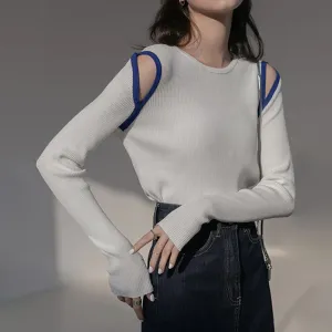 Slim Hit Color Knitting Sweater O Neck Hollow Out Cold Shoulder Long Sleeve Minimalist Sweaters Female Fashion