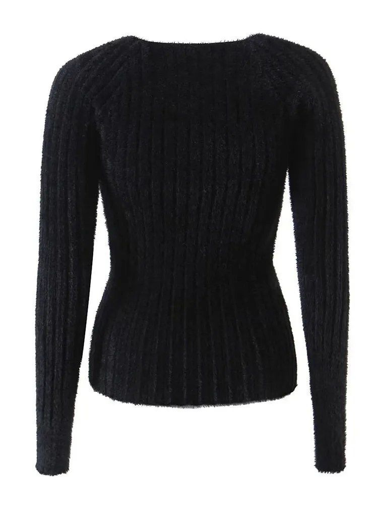 Solid Temperament knitting sweaters For Women V Neck Long Sleeve Patchwork Metal Accessories Casual sweater Female