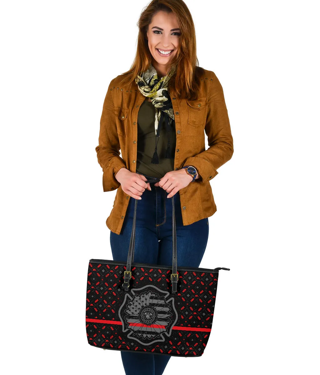 Thin Red Line Sunflower Firefighter Large PU Faux Leather Tote Bag