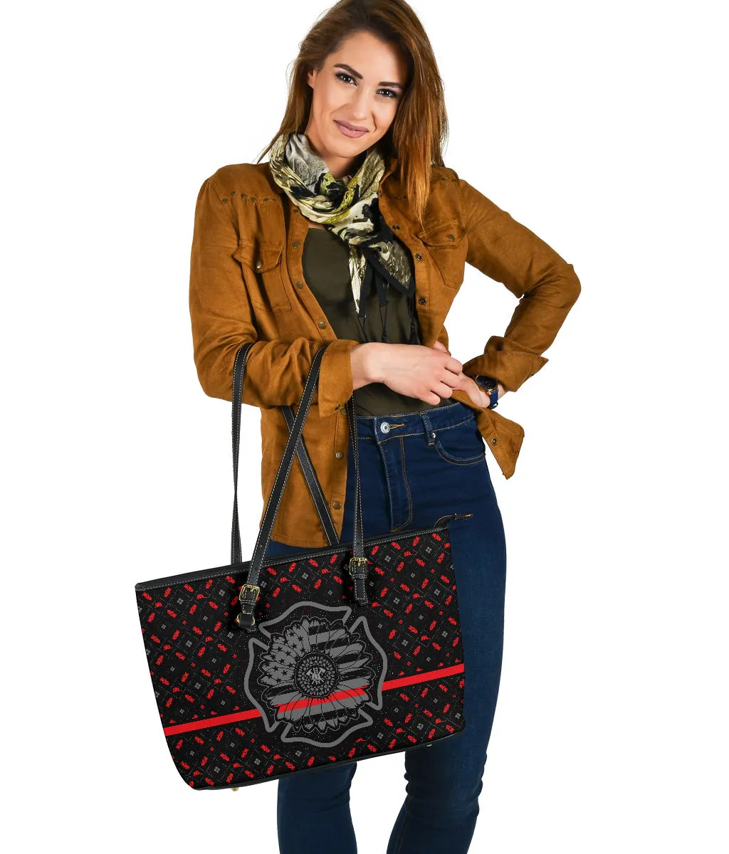 Thin Red Line Sunflower Firefighter Large PU Faux Leather Tote Bag