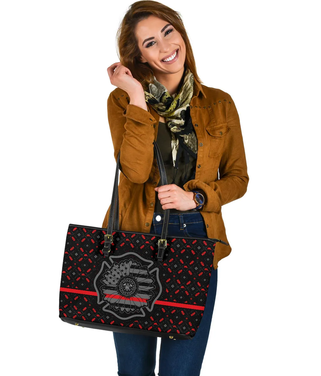 Thin Red Line Sunflower Firefighter Large PU Faux Leather Tote Bag