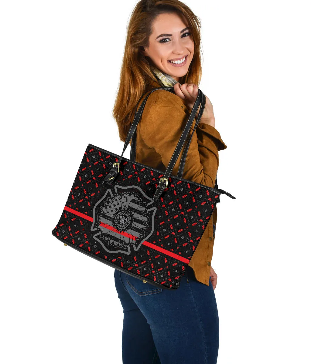 Thin Red Line Sunflower Firefighter Large PU Faux Leather Tote Bag