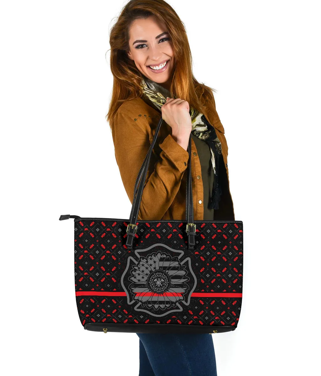 Thin Red Line Sunflower Firefighter Large PU Faux Leather Tote Bag