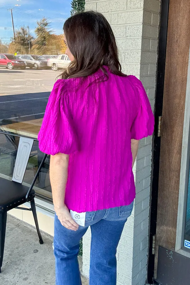 THML-Puff Sleeve Textured Top-Fuchsia