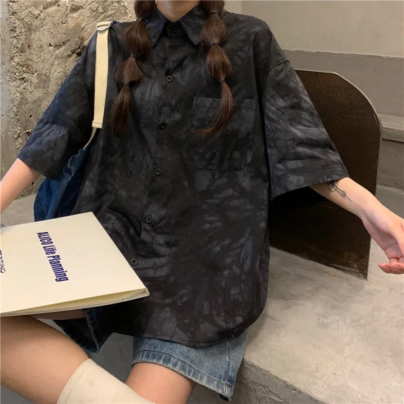 Tie Dye Women Shirts Summer Loose Half Sleeve Hip Hop Japan Girls Tops Fashion Button Up Black Casual Blue Ladies Blouse