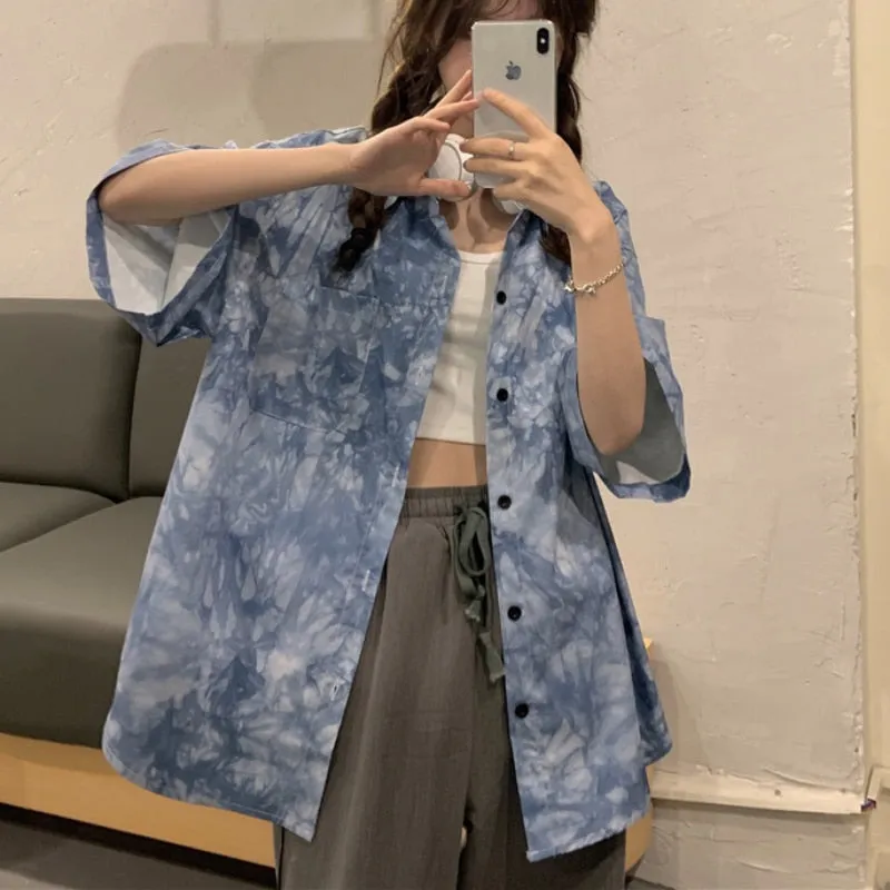 Tie Dye Women Shirts Summer Loose Half Sleeve Hip Hop Japan Girls Tops Fashion Button Up Black Casual Blue Ladies Blouse