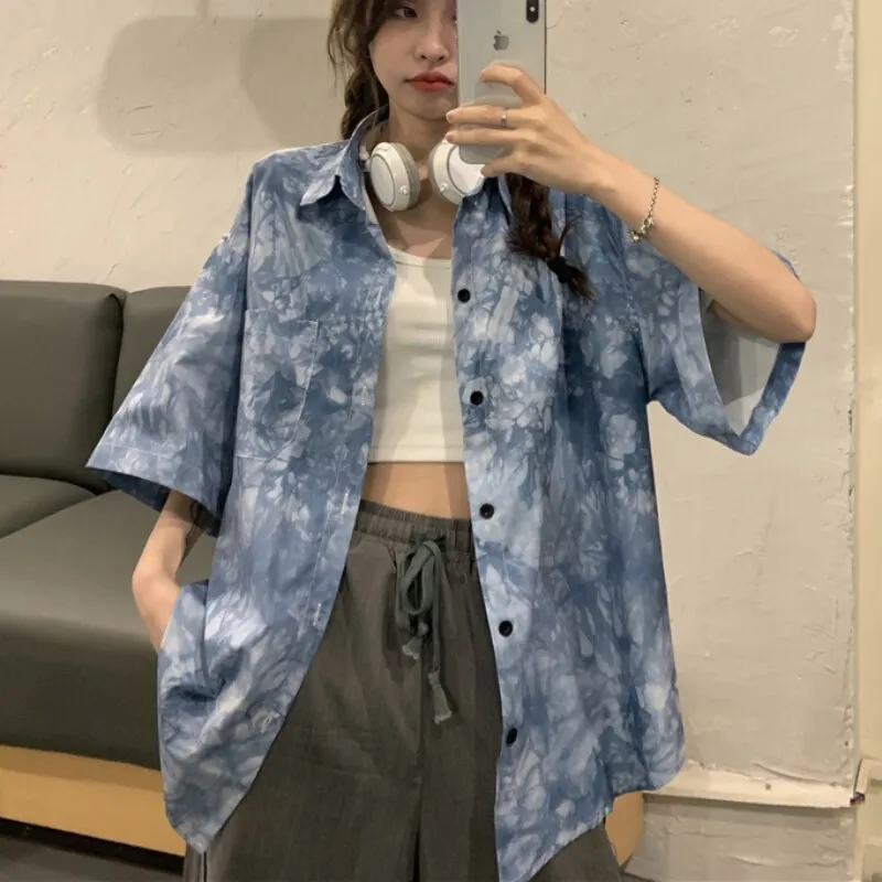 Tie Dye Women Shirts Summer Loose Half Sleeve Hip Hop Japan Girls Tops Fashion Button Up Black Casual Blue Ladies Blouse