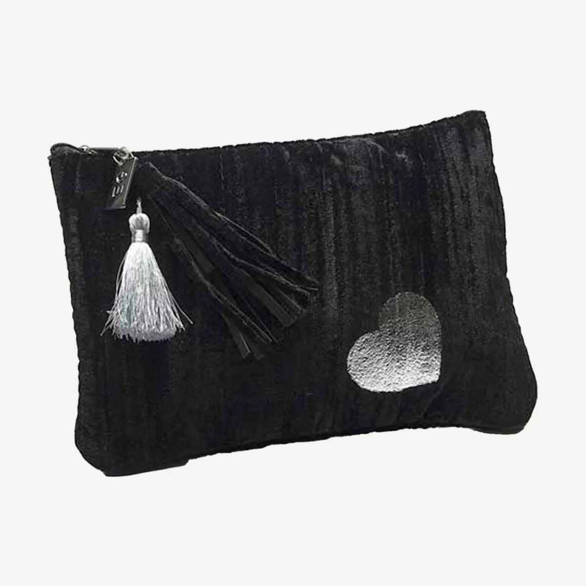 VELVET CLUTCH WITH HEART PRINT AND TASSLES