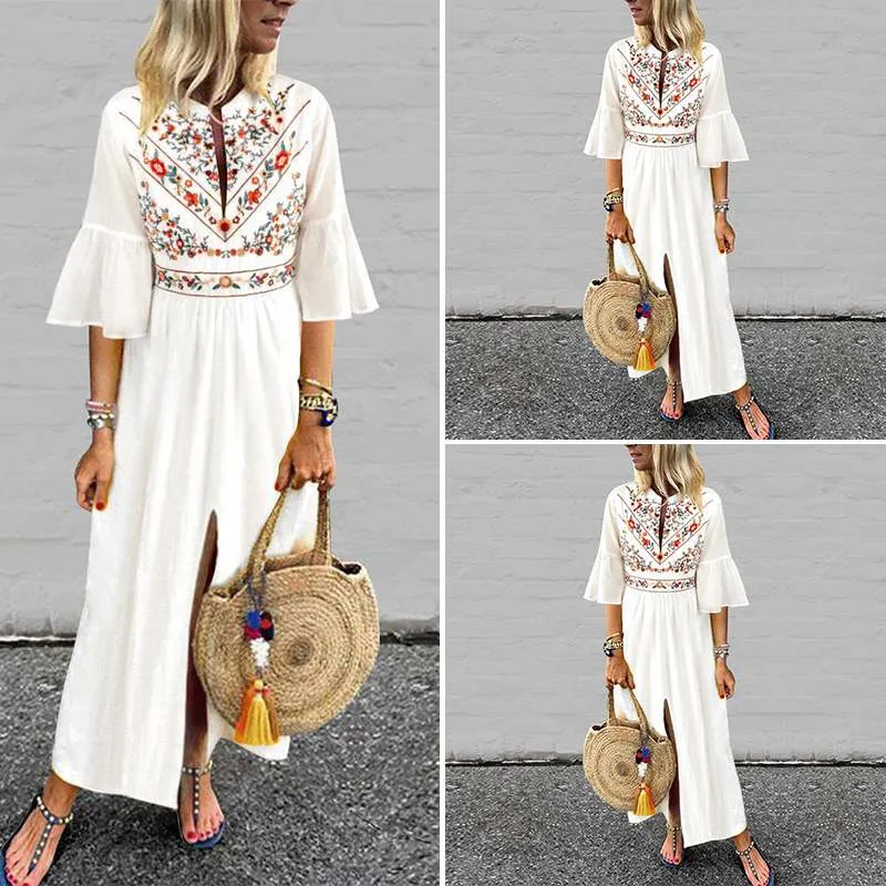 VenusFox Bohemian Vintage Print Sexy V Neck Ruffle Maxi Dress