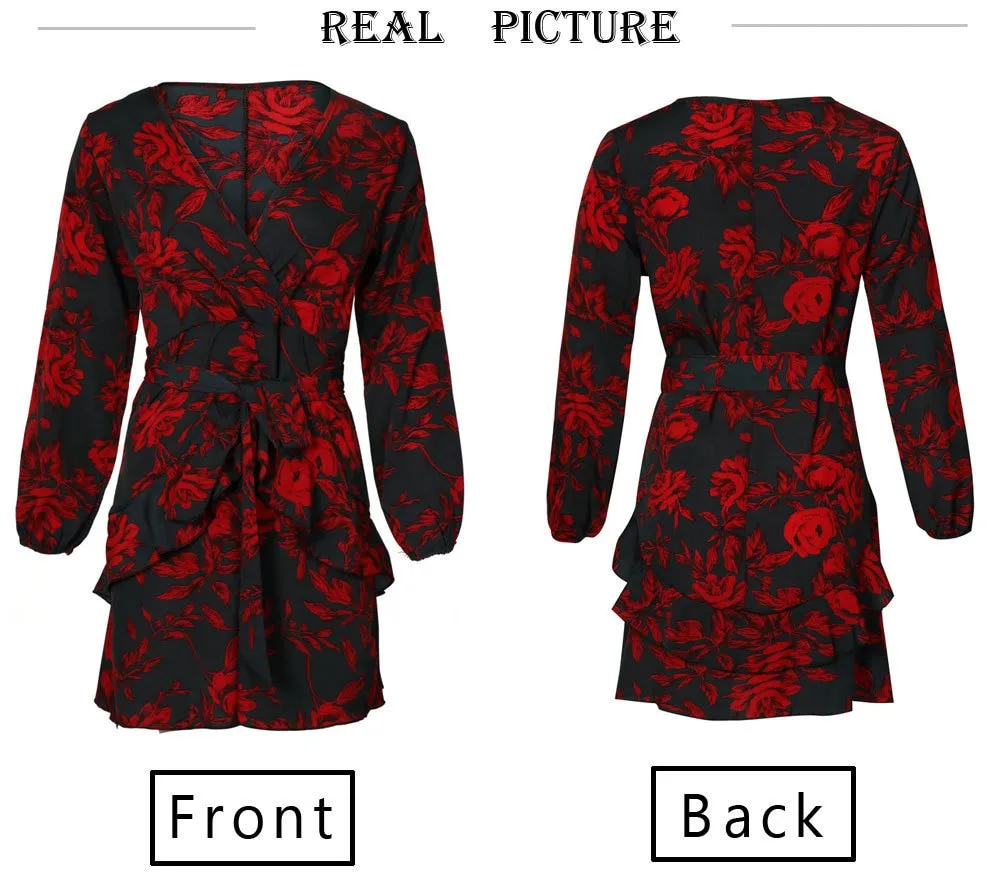 VenusFox Sexy Deep V Neck Floral Printed Mini Party Dress