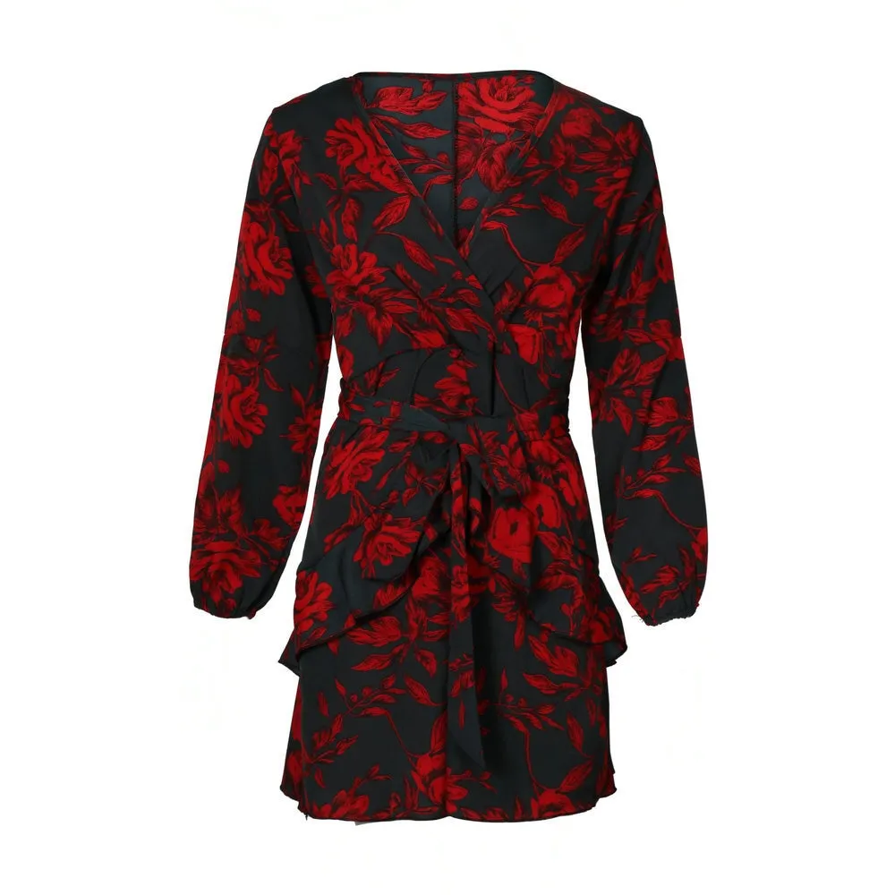 VenusFox Sexy Deep V Neck Floral Printed Mini Party Dress