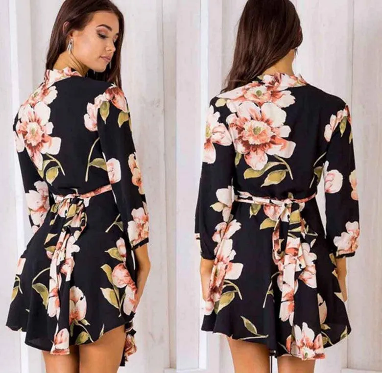 VenusFox Sexy Deep V Neck Floral Printed Mini Party Dress