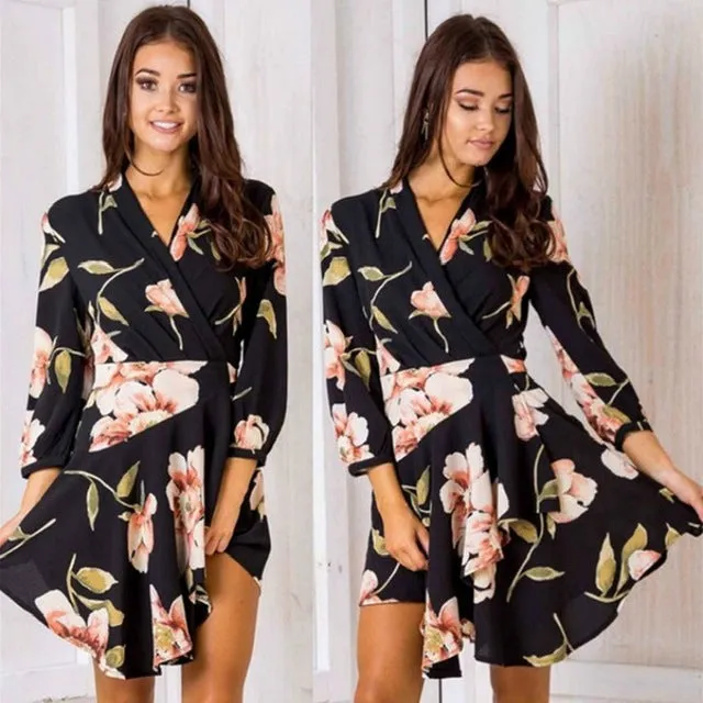 VenusFox Sexy Deep V Neck Floral Printed Mini Party Dress