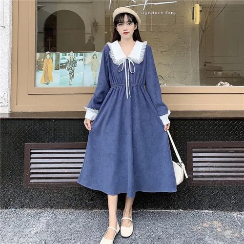 VenusFox Vintage Dress Women Sweet Lace Peter Pan Collar French Elegant Long Sleeve Lace-Up Fairy One Piece Dress 2021