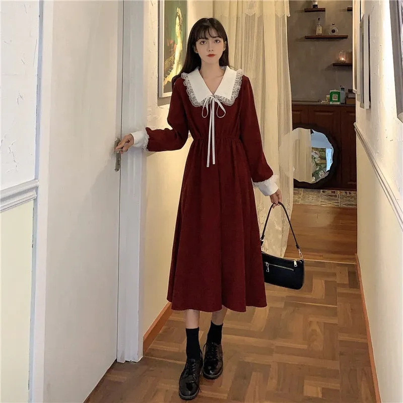 VenusFox Vintage Dress Women Sweet Lace Peter Pan Collar French Elegant Long Sleeve Lace-Up Fairy One Piece Dress 2021