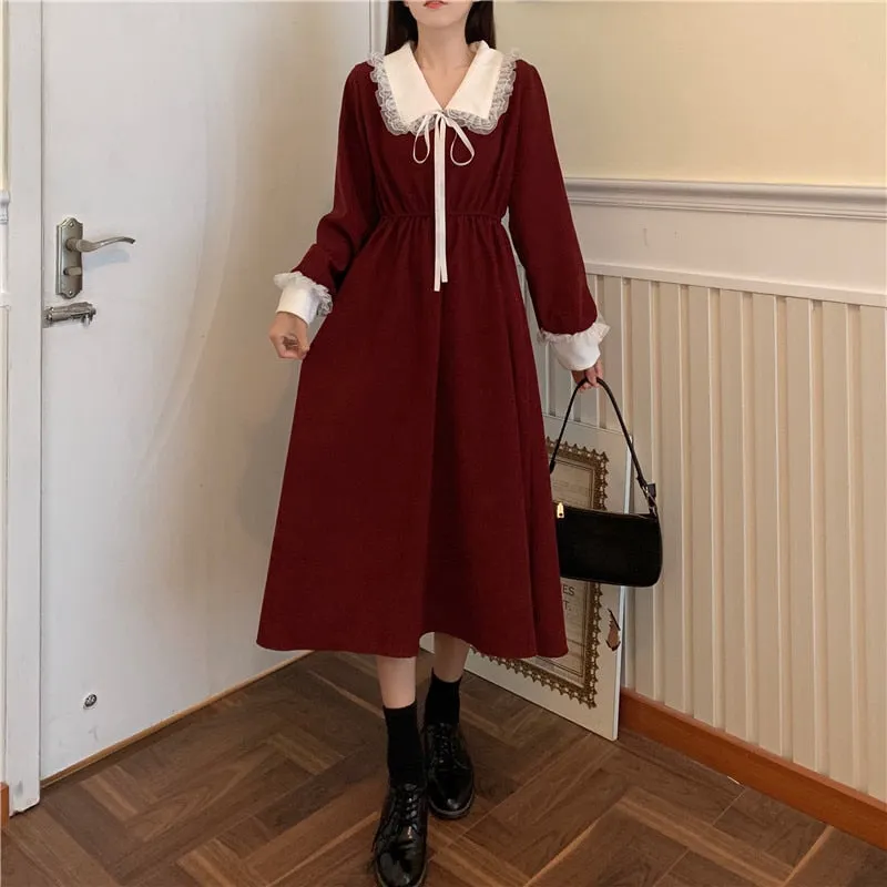 VenusFox Vintage Dress Women Sweet Lace Peter Pan Collar French Elegant Long Sleeve Lace-Up Fairy One Piece Dress 2021