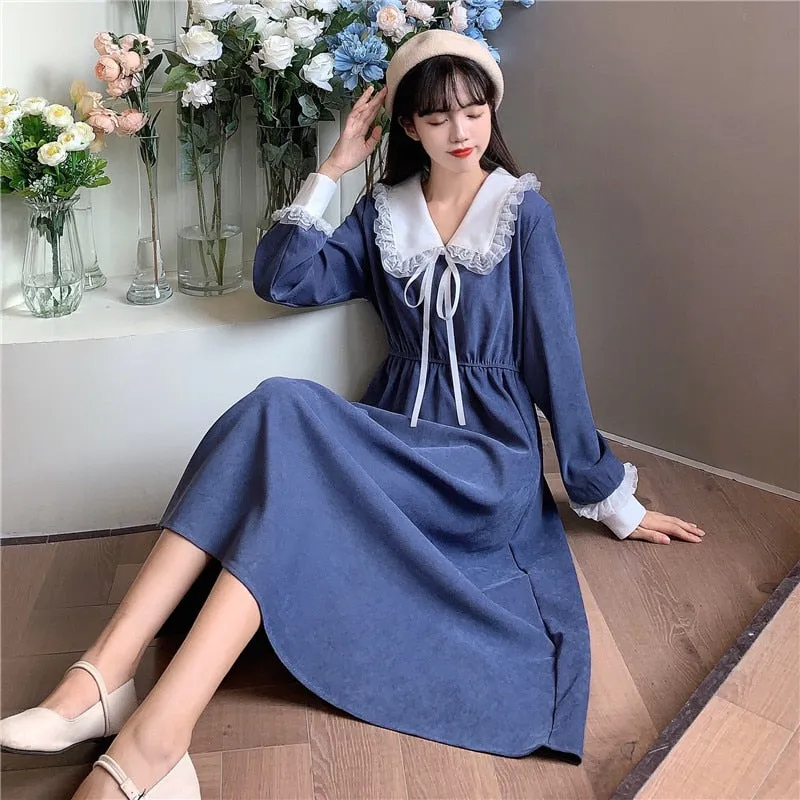 VenusFox Vintage Dress Women Sweet Lace Peter Pan Collar French Elegant Long Sleeve Lace-Up Fairy One Piece Dress 2021