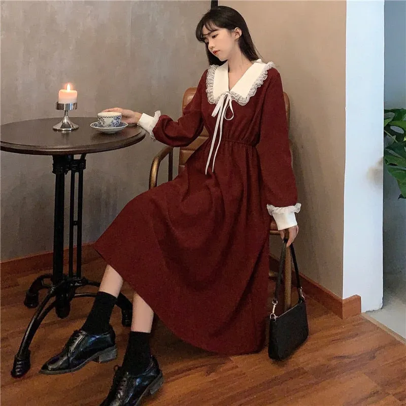 VenusFox Vintage Dress Women Sweet Lace Peter Pan Collar French Elegant Long Sleeve Lace-Up Fairy One Piece Dress 2021