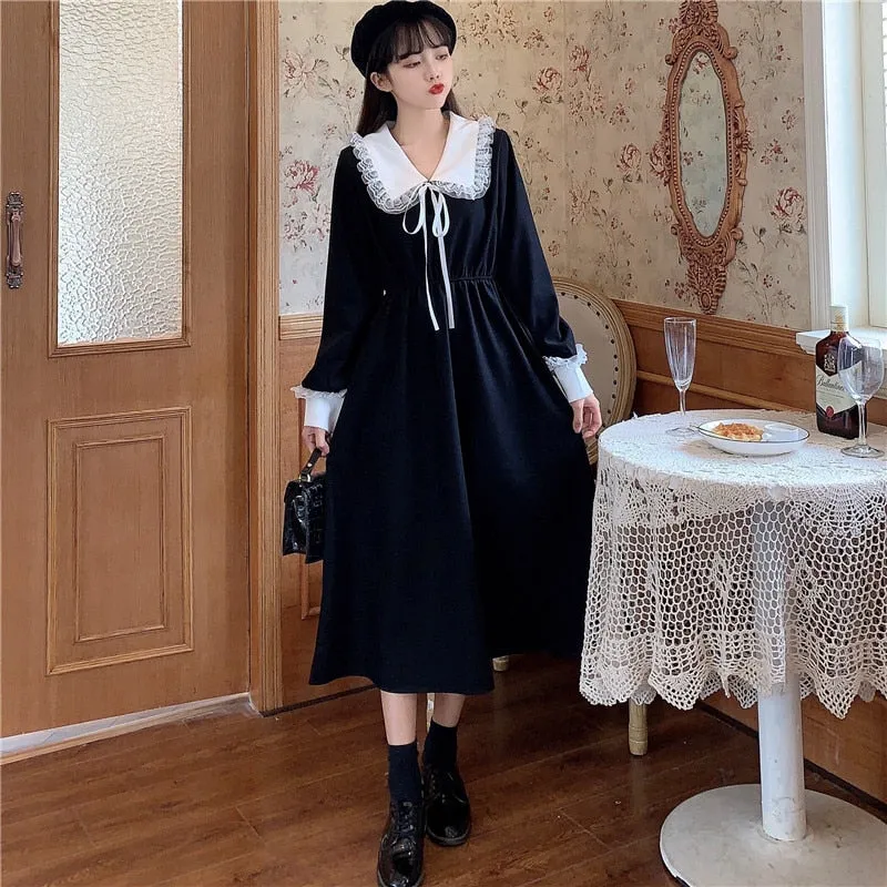 VenusFox Vintage Dress Women Sweet Lace Peter Pan Collar French Elegant Long Sleeve Lace-Up Fairy One Piece Dress 2021