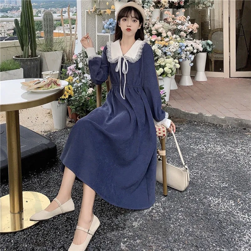 VenusFox Vintage Dress Women Sweet Lace Peter Pan Collar French Elegant Long Sleeve Lace-Up Fairy One Piece Dress 2021