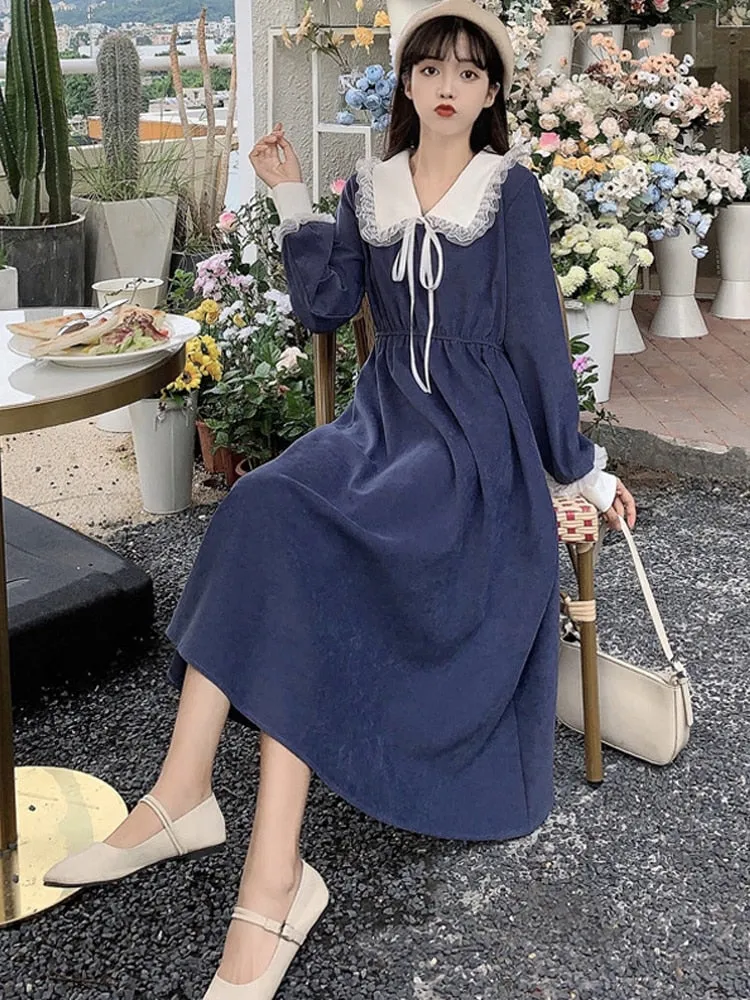 VenusFox Vintage Dress Women Sweet Lace Peter Pan Collar French Elegant Long Sleeve Lace-Up Fairy One Piece Dress 2021