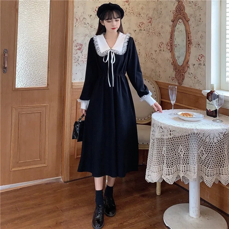 VenusFox Vintage Dress Women Sweet Lace Peter Pan Collar French Elegant Long Sleeve Lace-Up Fairy One Piece Dress 2021