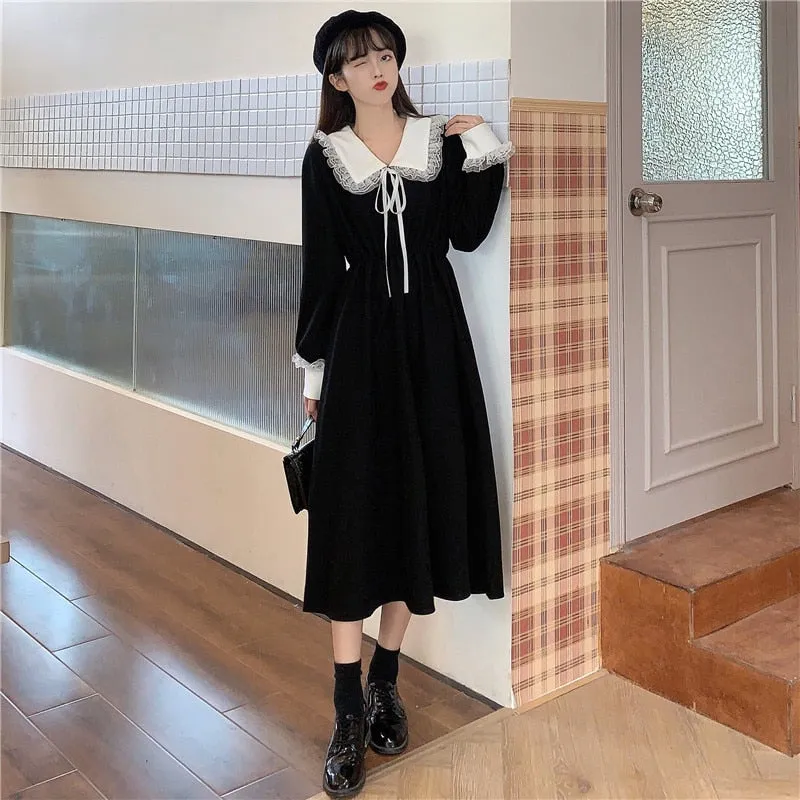 VenusFox Vintage Dress Women Sweet Lace Peter Pan Collar French Elegant Long Sleeve Lace-Up Fairy One Piece Dress 2021