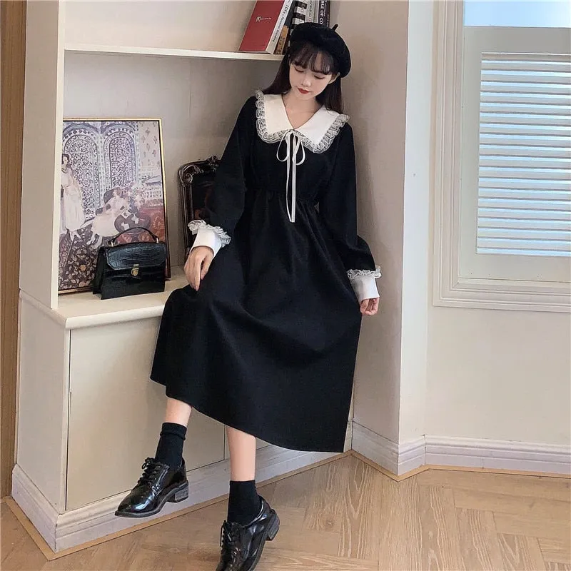 VenusFox Vintage Dress Women Sweet Lace Peter Pan Collar French Elegant Long Sleeve Lace-Up Fairy One Piece Dress 2021